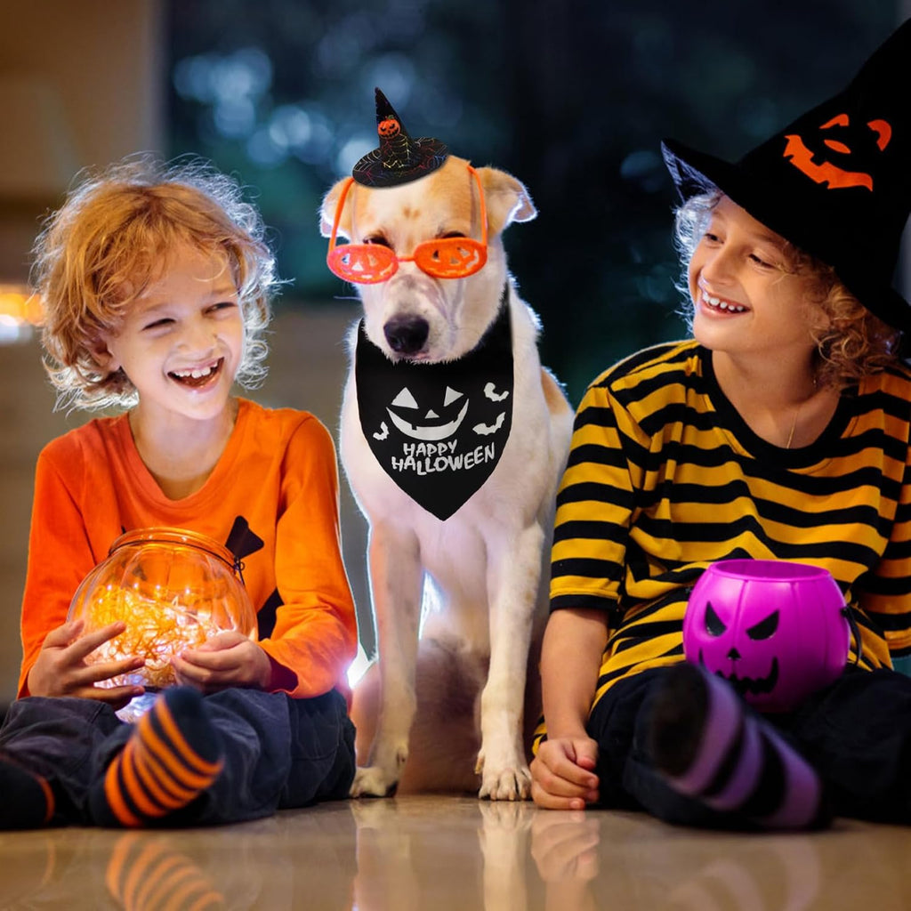 Dog Halloween Bandanas Scarf with Cute Doggy Wizard'S Hat, Pumpkin Costumes Decorations for Small Medium Large Dogs Boy Girl Funny, Black