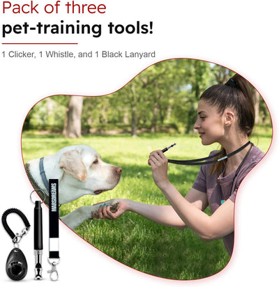 - Pet Training Clicker, Whistle -Training Behaviour Aids Accessories for Puppies with Lanyard - Barking Control Device - Long Range Adjustable Frequency - Pack of 3 - Black