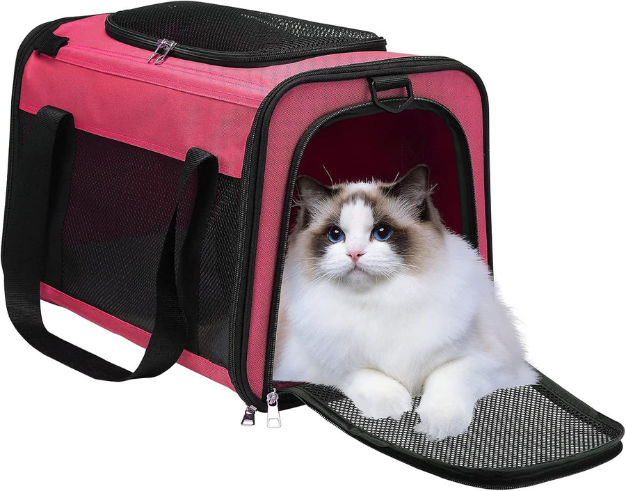 Airline Approved Cat Carrier, Soft Sided Collapsible Puppy Carrier with Locking Safety Zippers, Removable Fleece Pad and Pockets for Small Dogs Puppies Large Cat (M, Pink)