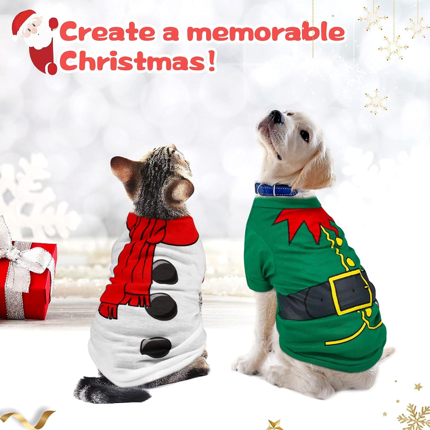 3-Piece Dog & Cat Christmas Shirts - Santa Claus, Snowman, Elf Patterns - Large, Cotton/Polyester, Cosplay Pet Apparel