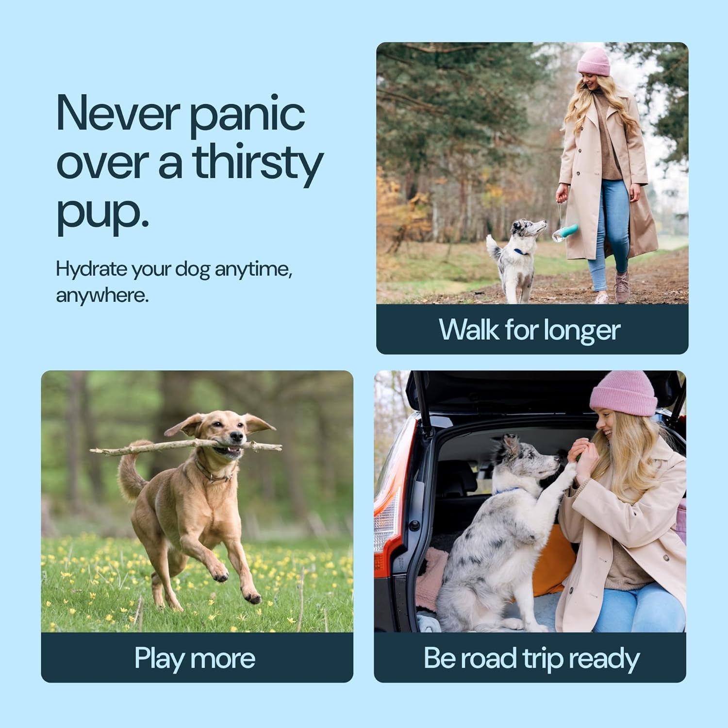 Portable Dog Water Bottle - 19 Oz, Blue - Leak-Proof Water Bowl Dispenser with Lock for Hiking, Travel & On-The-Go