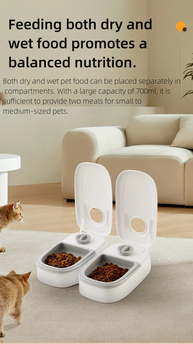 Pet Automatic Feeder Timed Quantification Separate Bowls for Dry Wet Feeding Easy to Clean Short-distance Travel Home Use