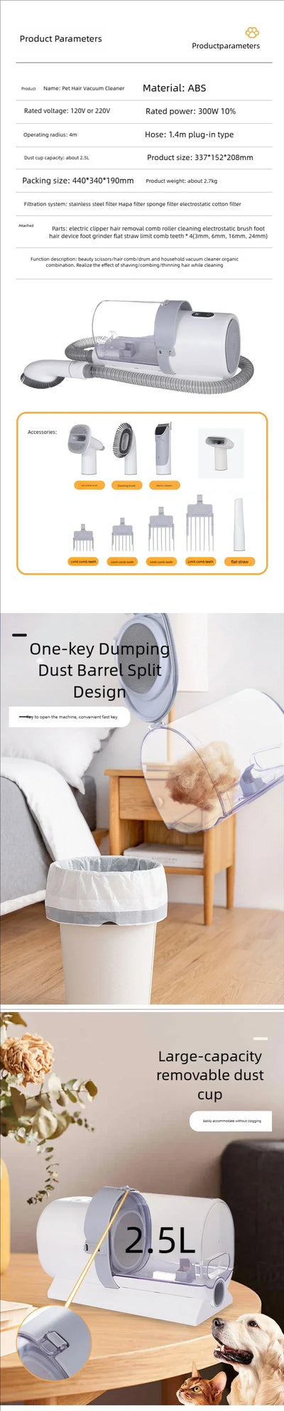 Dog Grooming Kit for Pet Include 4 Hair Clipper Combs 2.5L