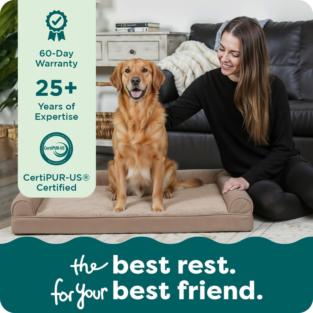 Orthopedic Dog Bed for Large Dogs W/ Removable Bolsters & Washable Cover, for Dogs up to 95 Lbs - Luxe Faux Fur & Performance Linen Sofa - Woodsmoke, Jumbo/Xl